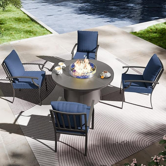 5 Piece Metal Outdoor Patio Furniture Set with 48" Round Propane Fire Pit, Outdoor Dining Table Set with 4 Fixed Chairs and 55000 BTU Outdoor Fire Pit, Navy