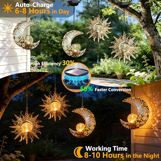 Solar Hanging Sun Moon Lights,Outdooor Lanterns Waterproof Garden Gifts | 2 Pack Metal,Crackle Glass,8-10 Runtime,Warm Glow,Easy Hang,Yard Patio Decor,Vintage Boho,Individual Wall Art,Gifts for Mom