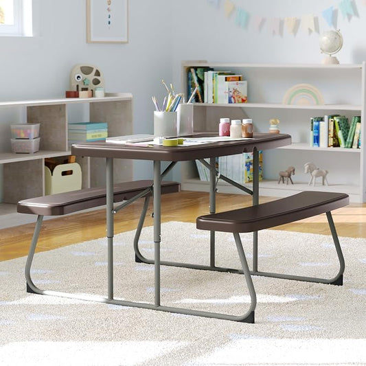 Flash Furniture Paige Easy-Fold Kids Outdoor Picnic Table and Benches - Commercial Grade Folding Plastic Play Table - Recommended for up to Age 5 - Brown