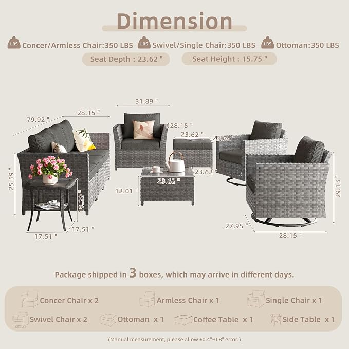 CAODOC Fully Assembled & Spacious 9-Pc Outdoor Sofa Set, Patio Rattan Conversation Group with Rocking Chair and Tea Table