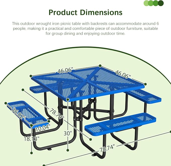46'' Heavy Duty Outdoor Picnic Table - Commercial Grade Square Steel Picnic Table Set, Umbrella Hole, Rust-Resistant Metal Mesh Tabletop for Patio, Garden, Park, BBQ - Blue
