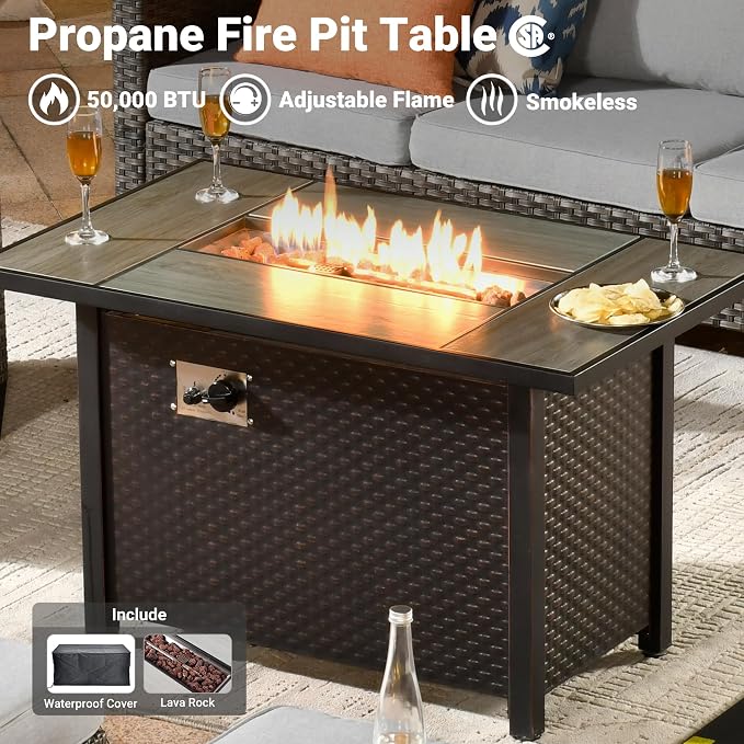 ovios 6 Pieces Patio Furniture Set with Fire Pit Table, Outdoor Wicker 3-Seat Sofa with Comfy Cushion, High Back Rattan Conversation Set for Deck Porch, Grey
