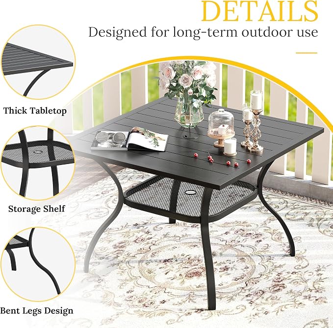 VICLLAX 5 Pieces Patio Dining Set for 4, Outdoor Furniture Set Includes 37.8" Square Outdoor Table and 4 Patio Swivel Chairs for Lawn Garden, Black Tabletop and Mixed Brown Fabric