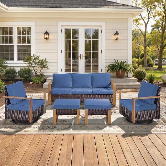 5-Piece Outdoor Patio Furniture Set with Swivel Chairs, All-Weather Wicker Sofa Set for Garden, Yard, Porch and Poolside Seating Blue
