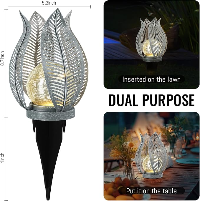 Solar Lights Outdoor Waterproof Garden Decor Crackle Glass Globe,Metal Yard Art Solar Outdoor Lights for Table Decor Porch,Patio Decorations.Gardening Gifts for Women/Mom