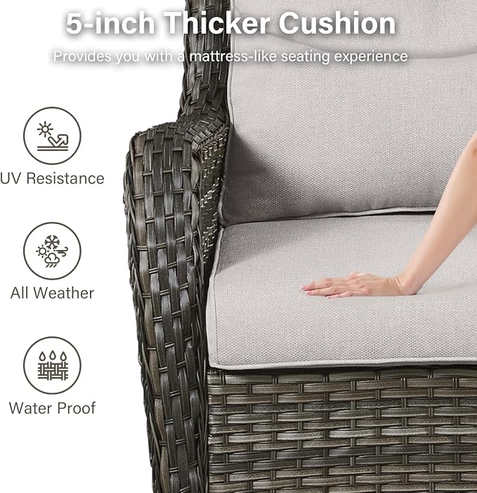 Outdoor Swivel Rocker Patio Chairs Set of 4 with Ottoman Coffee Table - 5" Thick Cushion 8 Piece Furniture Set All Weather Comfortable Wicker Conversation Set for Porch Deck - Gray/Beige