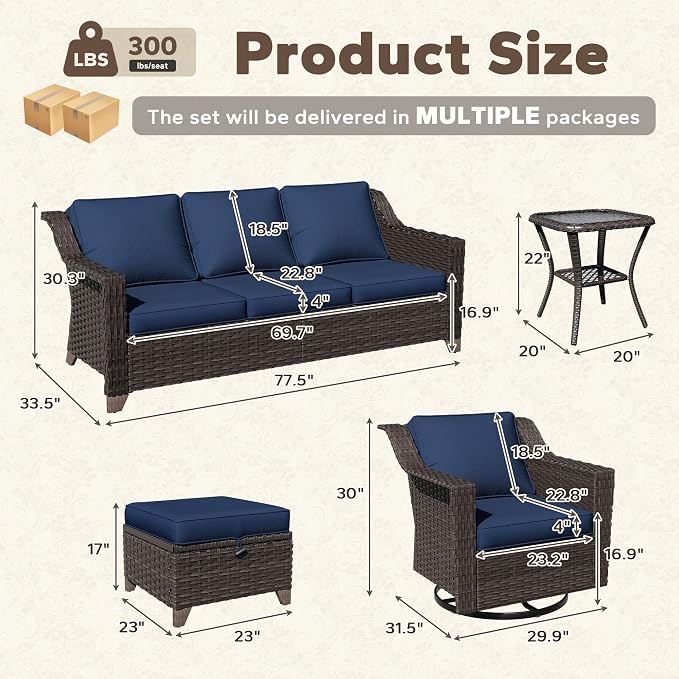 7 Pieces Patio Conversation Furniture Set - 2 Sofas, 2 Ottomans, 2 Swivel Chairs, 1 Side Table, Outdoor Wicker Furniture with Removable Cushions for Porch, Balcony, Sunroom (Blue)
