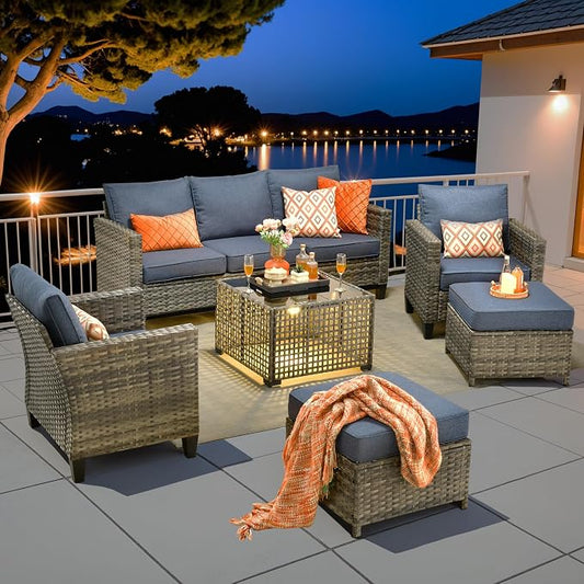6 Piece Wicker Patio Furniture Set with Solar Table, Denim Blue | Outdoor Deep Seating Sofa Chair Ottoman, Solar Lights Table, All Weather Rattan, Modern Conversation Set, Porch Deck Backyard