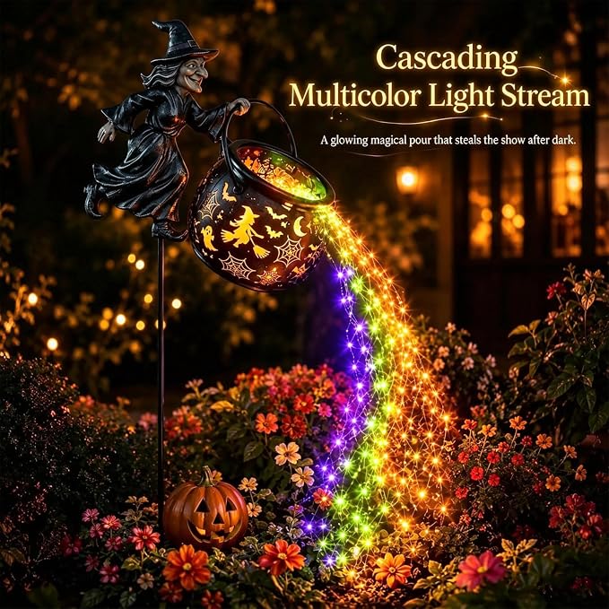 Halloween Witch Cauldron Garden Light, Colorful Waterfall-Style Light Flow Flying Witch Garden Stake, Halloween LED Projector Lights Decorations Outdoor for Yard Lawn Patio