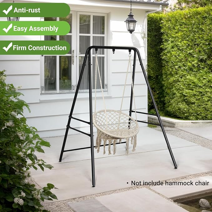 Outdoor Hammock Stand, Heavy Duty A-Frame Metal Stand with 3 Hooks, Weatherproof Design Fits Hammocks & Hanging Chairs, 450 Lbs Capacity for Backyard, Garden, Balcony & Porch