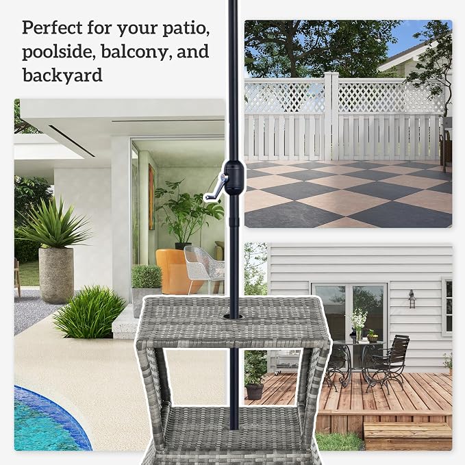 Outsunny Outdoor Side Table with Umbrella Hole, 2 Tier Rattan Wicker End Table with Storage Shelf, All Weather for Patio, Garden, Backyard, Mixed Gray