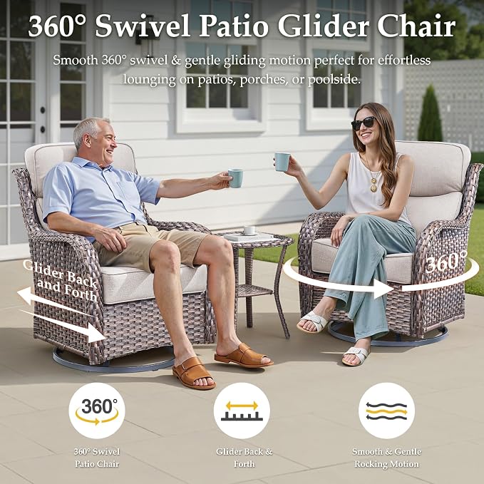 Luxury Outdoor Swivel Rocker Patio Chairs-3 Piece Wicker Patio Rocking Chairs Set of 2 with Glass Side Table 6" Thick Cushions High Back Outdoor Furniture Sets for Deck Porch Balcony(Grey/Beige)