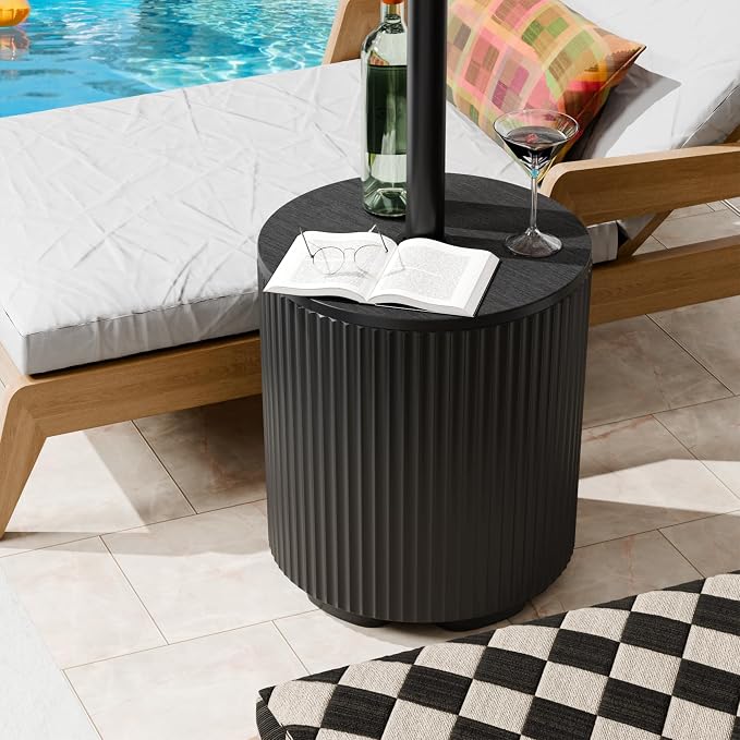 Outdoor Table with Umbrella Hole, Patio Umbrella Side Table with Plastic Bags Attached, Free-Standing Umbrella Side Table for Porch, Poolside & Garden, Easy Assembly, Black