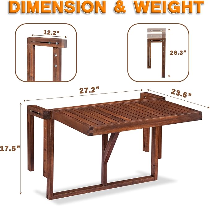 VICTORY RELAX Hanging Balcony Table - Foldable Acacia Wood Patio Table - Small Outdoor Workspace & Dining Table for Balcony Furniture - Temporary Workspace - Brown Color (27.2 x 23.6 x 17.5 Inches)