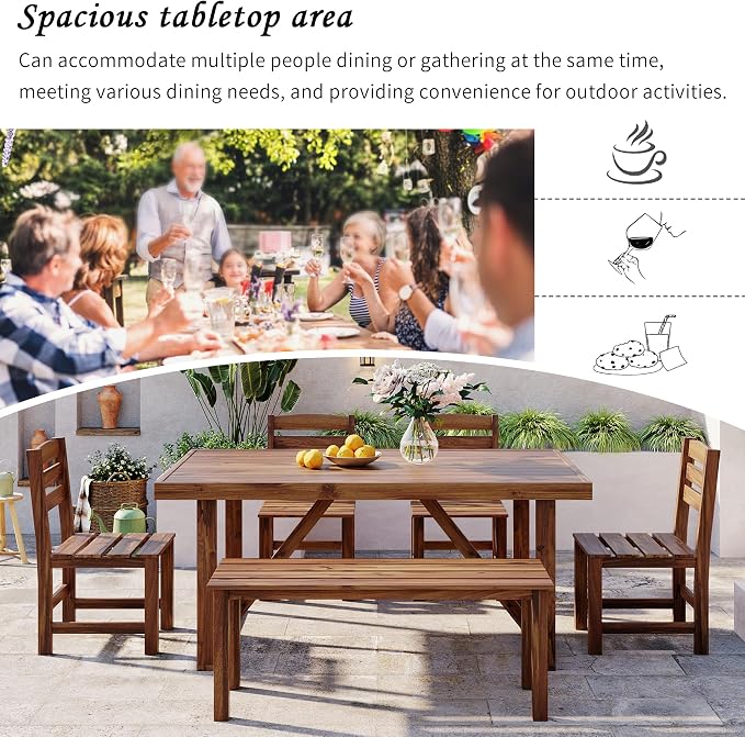 6 Pieces Outdoor Acacia Wood Dining Table Set for 7 with 59.8" Rectangular Table and 4 Chairs and Bench, Modern Patio Dinner Set without Cushion for Backyard, Garden, Poolside or Indoor, Brown