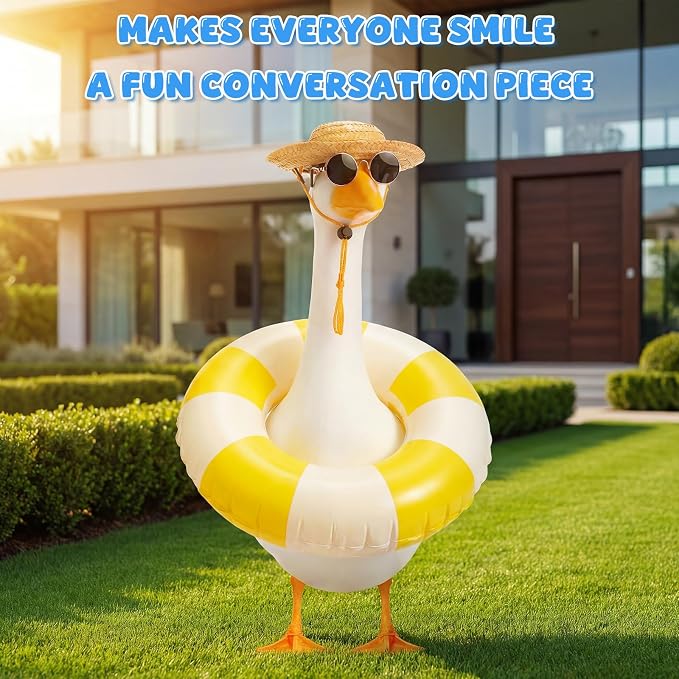 Porch Goose Summer Outfit 3PCS Set, Straw Hat, Swim Ring, Sunglasses | 17/23 Inch Plastic Concrete Cement Lawn Goose Statue, Hawaiian Geese Costume for Garden Outdoor Yard Patio Decor