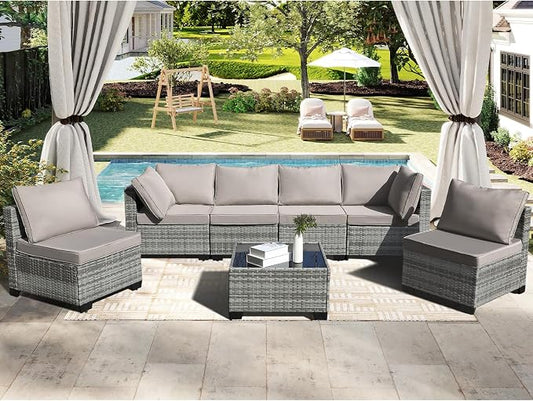 CANMOV 7 Pieces Patio Furniture Sets, All Weather Outdoor Patio Conversation Set, PE Wicker Rattan Sectional Sofa Couch Glass Coffee Table Washable Cushions for Backyard Garden, Poolside, Khaki