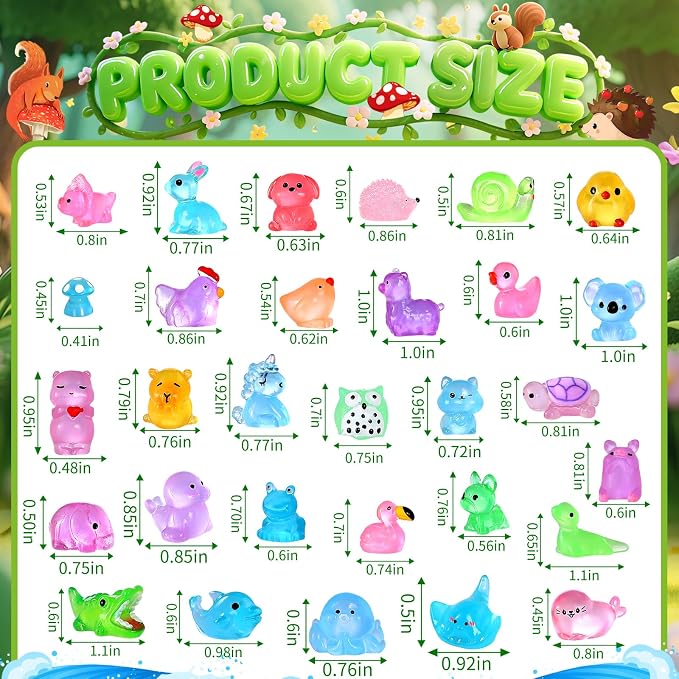 200PCS Luminous Mini Resin Animals 30 Styles, Little Small Animal Figures to Hide Tiny Resin Animals Variety Pack for Fairy Garden Accessories Micro Landscape Dollhouse Decor.