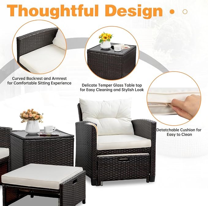 Shintenchi 5 Pieces Patio Furniture Set, Outdoor Wicker Patio Conversation Set with Ottoman, All Weather Rattan Outside Chairs with Coffee Table & Cushion for Porch, Garden, Backyard, Beige