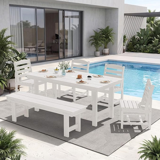 KINGYES 6-Piece Patio Dining Set, HDPE Table, Bench and Armless Chairs Outdoor Furniture Set with Umbrella Hole, White