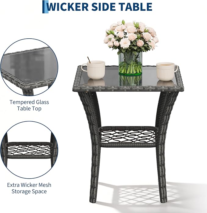 3-Piece Patio Furniture Set, 2 Swivel Rocking Chairs with 1 Rattan Side Table, Tempered Glass Tabletop, Patio Conversation Set for Deck, Porch, Garden, Poolside (Gray Wicker & Blue Cushions)
