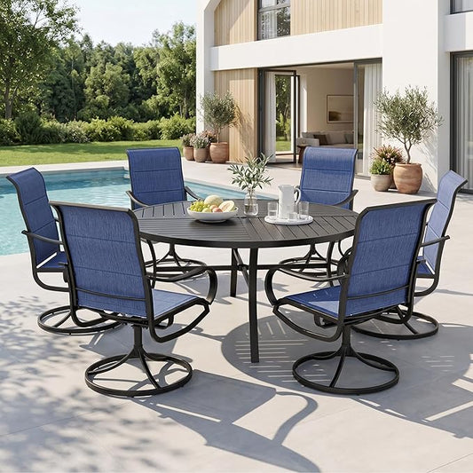 Sophia & William Patio Dining Set for 6, Round Table & Swivel Chairs, Blue | High-back & Padded, Umbrella Hole, Durable Material, Ergonomic design, Weather-resistant, Outdoor backyard deck, 7 Piece