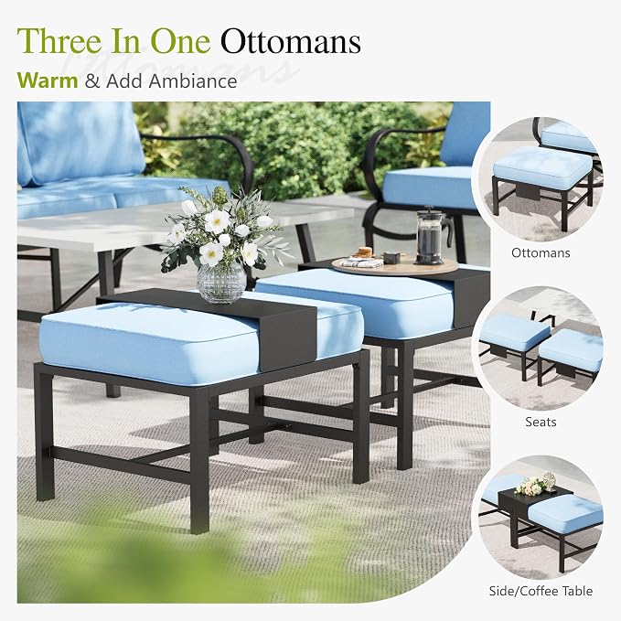 Sophia & William Patio Furniture Sets 5 Seats Outdoor Metal Conversation Sets 5 Pcs with 2 x Cushioned Swivel Sofa Chairs,1 x 3-Seat Sofa,2 x Ottomans for Coffee Lawn Backyard Poolside Blue