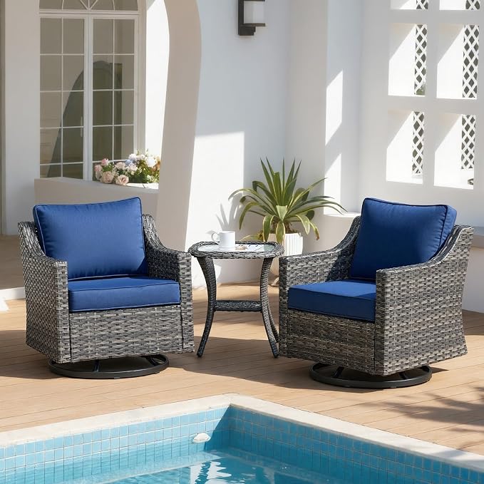 Patio Furniture Set 3 Pieces Luxury Outdoor Bistro with Swivel Rocker Chairs and Side Table, Easy Assembly Conversation Set for Porch Deck Balcony Yard in Gray Wicker and Blue Cushions