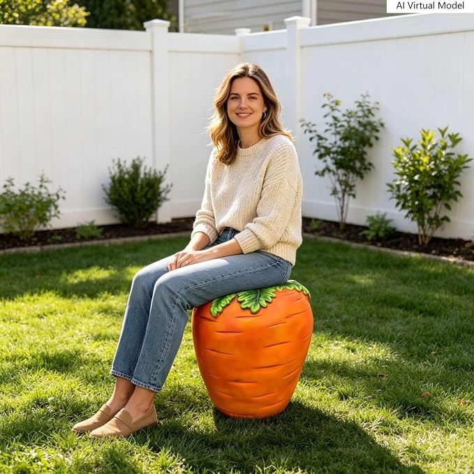 Carrot Shaped Resin Stool Side Table 16" Outdoor Garden Decor Plant Stand | Vivid orange textured body, green leaf lid top, stable rounded base, wipe-clean surface, portable 12 lbs