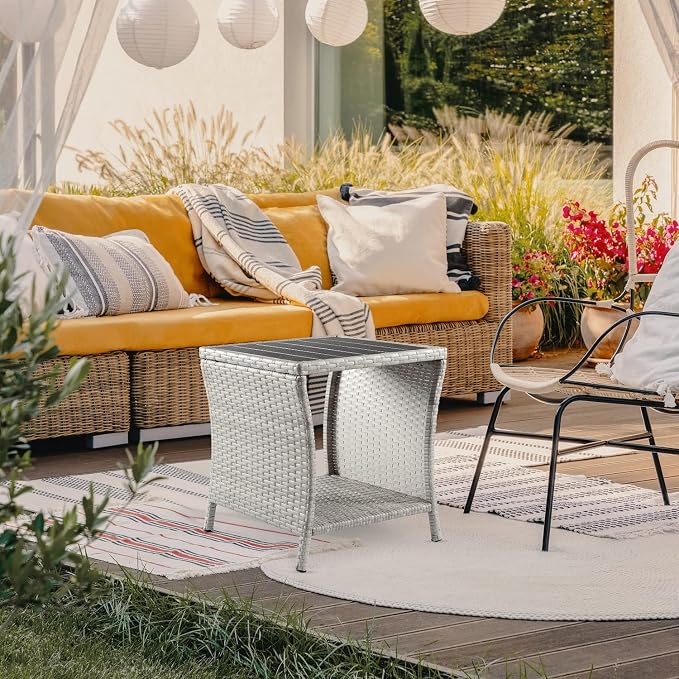 Outdoor Side Table for Patio Small Rattan Wicker Coffee Table Balcony Table Outside End Table with Poly Lumber Table Top & Storage Bistro Table for Garden Porch Deck Living Room Backyard Grey