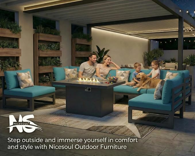 NICESOUL 9 Pcs Extra Large Contemporary Aluminum Outdoor Furniture Set with Chaise Lounge & Fire Pit Table, 29" Deep Wide Couch Set, 500 lbs Heavy Duty Comfy Patio Sectional Sofa for Poolside, Teal