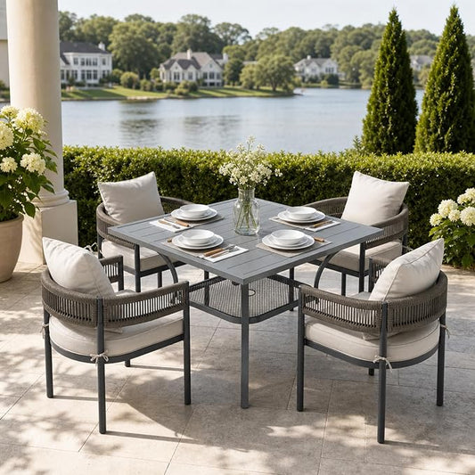 VICLLAX Patio Dining Set, 37.8" Dark Grey Table & 4 Chairs with Wheat Cushion