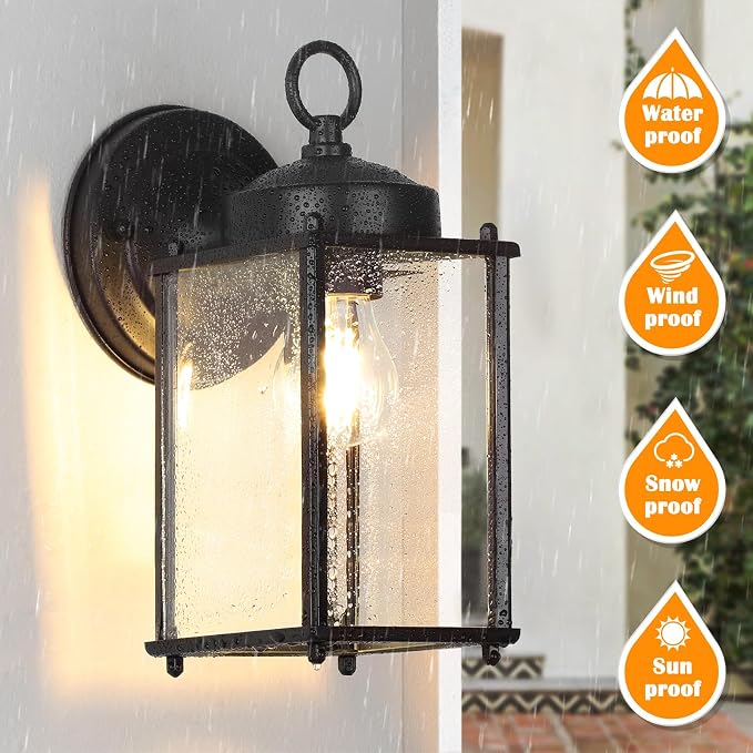 MATAMEYE Outdoor Wall Lantern, Exterior Waterproof Wall Sconce Light Fixtures, Black Front Door Lighting, Anti-Rust E26 Socket Porch Lamp, 2 Pack