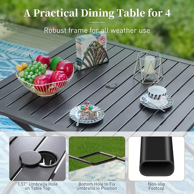 SUNSHINE VALLEY 37" Patio Dining Table for 4, Square Patio Table with Umbrella Hole,E-Coating and Powder Coating Steel Frame Metal Outdoor Patio Table for Garden Backyard Lawn Yard