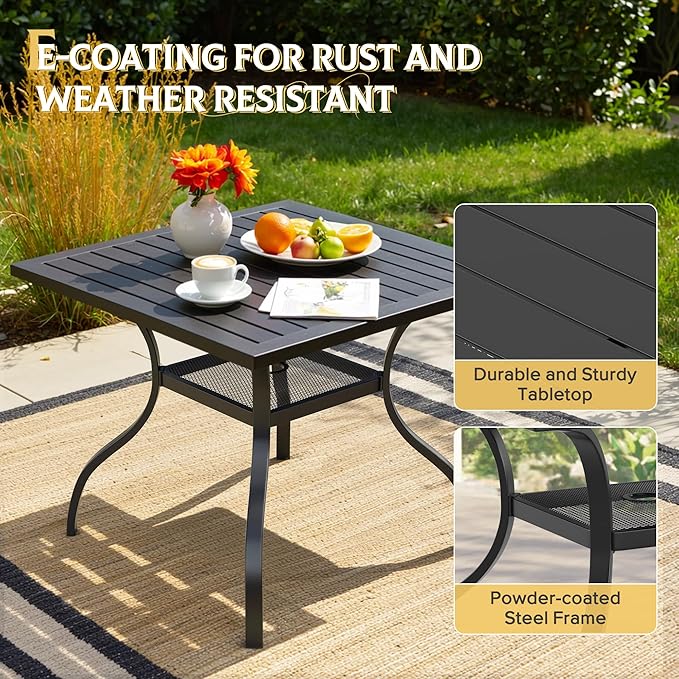 Betterland Patio Square Dining Table 37" x 37" Outdoor Metal Steel Frame & Slat Tabletop with 1.57" Umbrella Hole for 4 Person, Classic Black