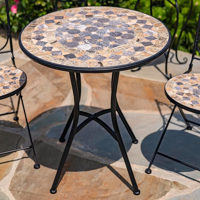 Zaer Ltd. Mosaic Tile Furniture with Black Metal Frame and Patterned Tile Tops (Medora - Black/Stone/Gray, Bistro Set (2 Chairs, 1 Table))