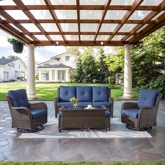 Belord Wicker Outdoor Furniture Patio Furniture Set - 6 Piece Patio Conversation Set with Swivel Rocker Chairs, Rattan Sofa, Ottomans and Coffee Table, Blue Cushion