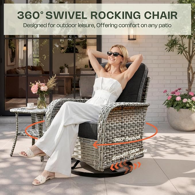 Outdoor Swivel Rocking Chair Set of 2 with Coffee Table, Wicker Patio Glider Chairs with 4 Inch Thick Cushions, 350lbs Capacity High Back Rattan Furniture Set for Sunroom and Small Spaces, Black