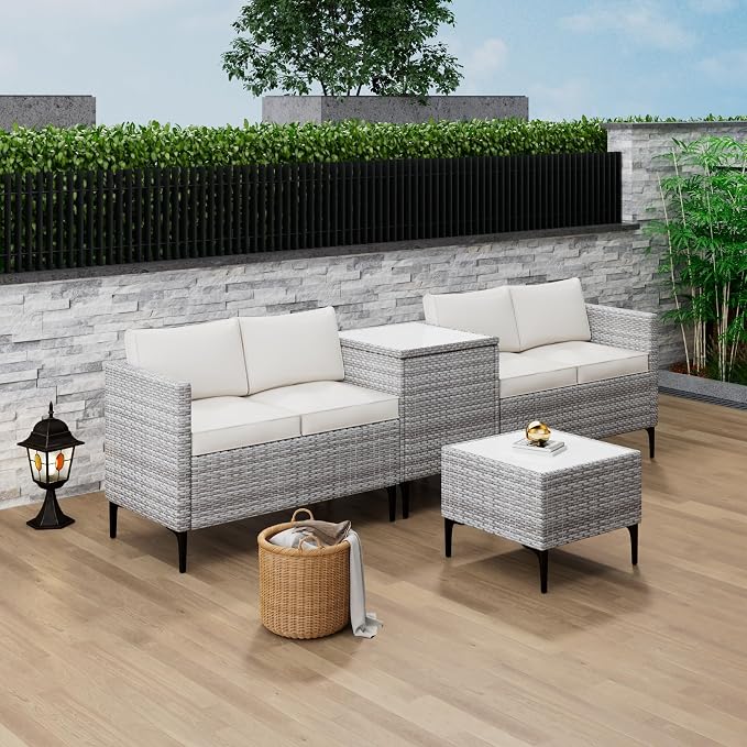Outdoor PE Rattan Patio Conversation Set with Storage, All-Weather Wicker Sectional Sofa with Cushions for Backyard Garden Porch, Grey White and Khaki