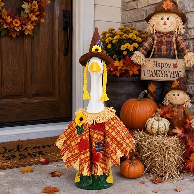 DECOHS 2 Pcs/Set Scarecrow Porch Goose Outfits, Fall Thanksgiving Lawn Goose Statue Scarecrow Costume, Garden Goose Scarecrows Clothes Hat for 23" Statue Autumn Halloween Outdoor Patio Yard Decoration