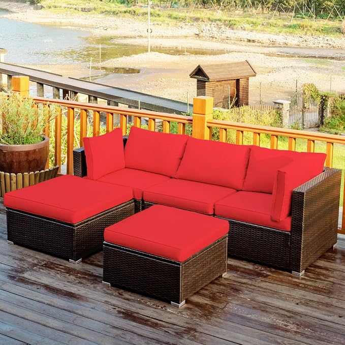 COSTWAY 5-Piece Outdoor Patio Furniture Set, PE Rattan Sectional Conversation Set with Cushions and 2 Ottomans for Garden, Deck, Backyard (Red)