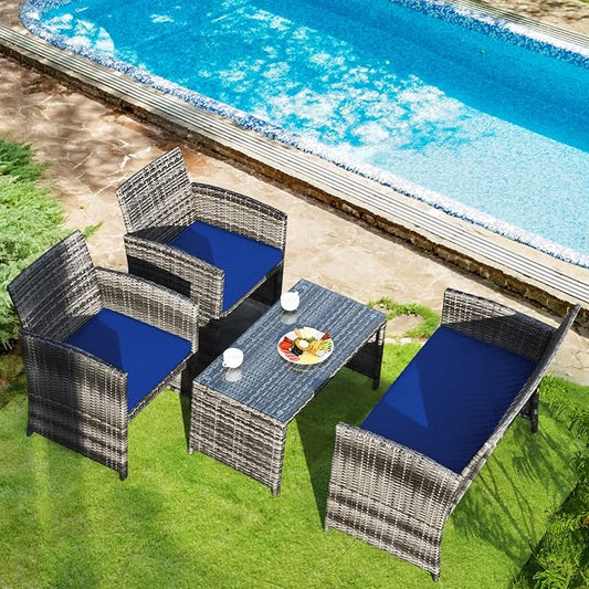 Outdoor Conversation Set, 4 Pieces Wicker Patio Furniture Set with Ergonomic Curved Design, Patio Chair Set with Water-resistant Cushion & Tempered Glass Table for Balcony,Porch(Navy Blue)