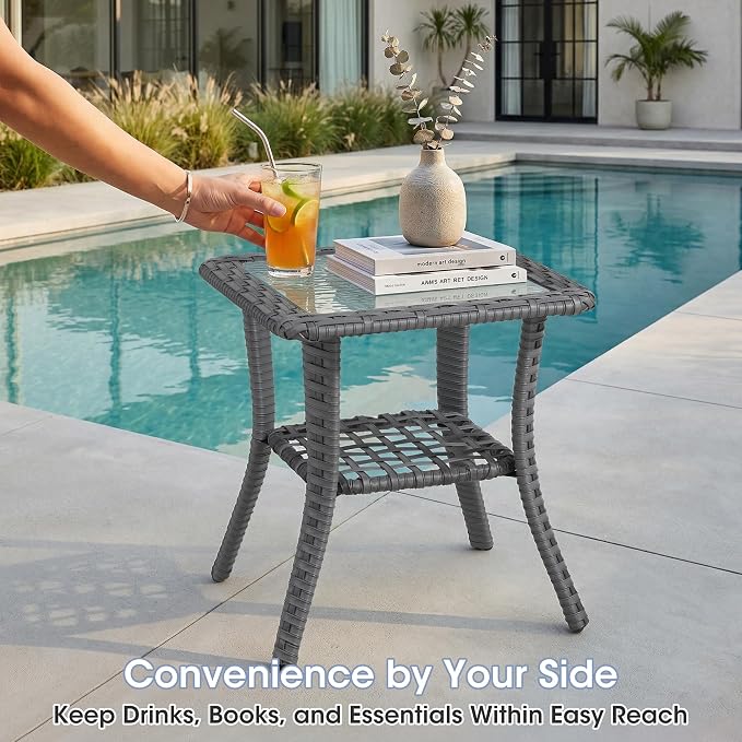 5 Piece Patio Furniture Set, Grey Wicker Outdoor Conversation Set with 2 Swivel Rocker Chairs, 2 Ottomans and Side Table, 6-Inch Thick Cushions, Blue Olefin Covers for Patio, Porch