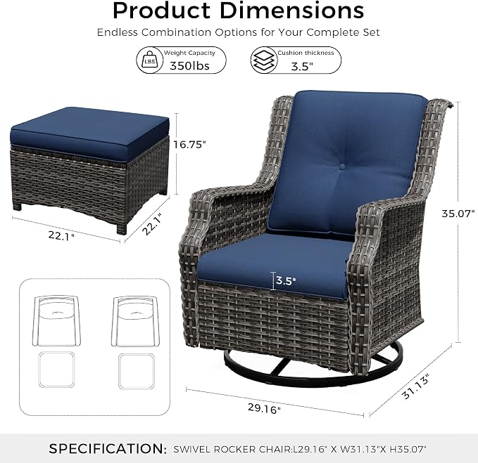 Outdoor Patio Furniture Set, 4 Piece Wicker Patio Furniture with Thick Cushions, Curved Armrest, Deep Seating, Outdoor Swivel Rocker Chairs for Porch, Deck, Balcony