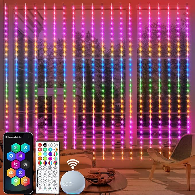 echosari 20Ft x 10Ft Smart Curtain Lights Compatible with Alexa | 600 LED Curtain Lights App Control Dynamic for Backyard Home Wedding Party Christmas Decor - RGB Color Changing IC
