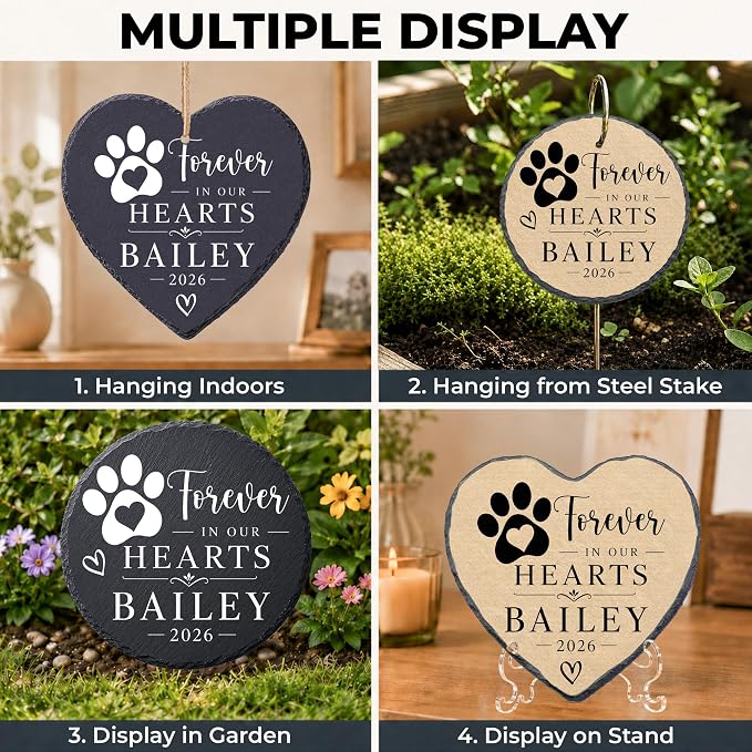 Personalized Pet Memorial Stone, Forever in Our Hearts Dog Cat Memorial Garden Stone, Passing Away Sympathy Gift for Loss of Dog, Waterproof Natural Slate Remembrance for Indoor Outdoor