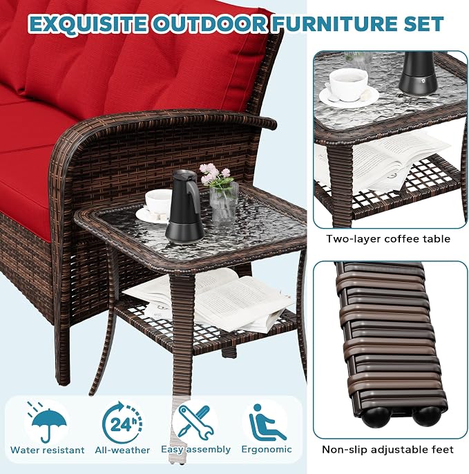 7 Pieces Patio Set, 73" PE Rattan Sofa, Coffee Table, Wicker Swivel Glider Chairs, Outdoor Conversation Furniture with Removble Cushion, Loveseat Couch for Porch, Bistro (Navy Blue)