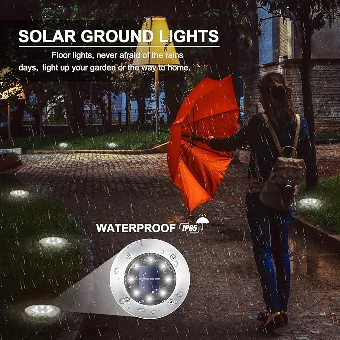LYHOPE Solar Ground Lights Outdoor, 12 Pack 8 LED Solar Disk Lights Waterproof Garden In-ground Pathway Light Landscape Lighting for Lawn,Yard,Deck,Patio,Walkway (White)