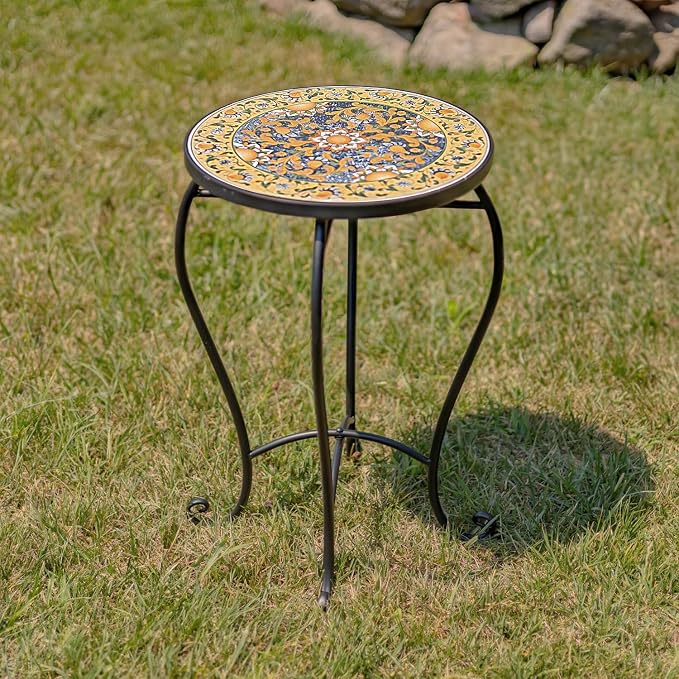 Zaer Ltd. Mosaic Tile Furniture with Black Metal Frame and Patterned Tile Tops (Newport - Black/Gold/Blue, Pedestal Plant Stand)