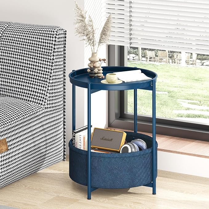 Garden 4 you Side Table with Fabric Storage Basket, Round Metal End Table, Small Bedside Table Nightstand with Removable Tray, for Nursery, Living Room, Bedroom, Bathroom, Blue